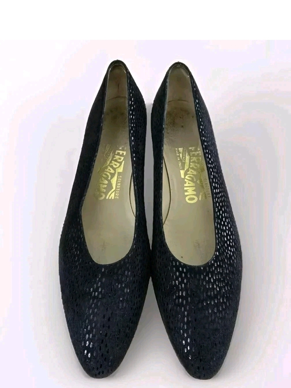 Salvatore Ferragamo Blue Perforated Suede Pointed Heels Flats